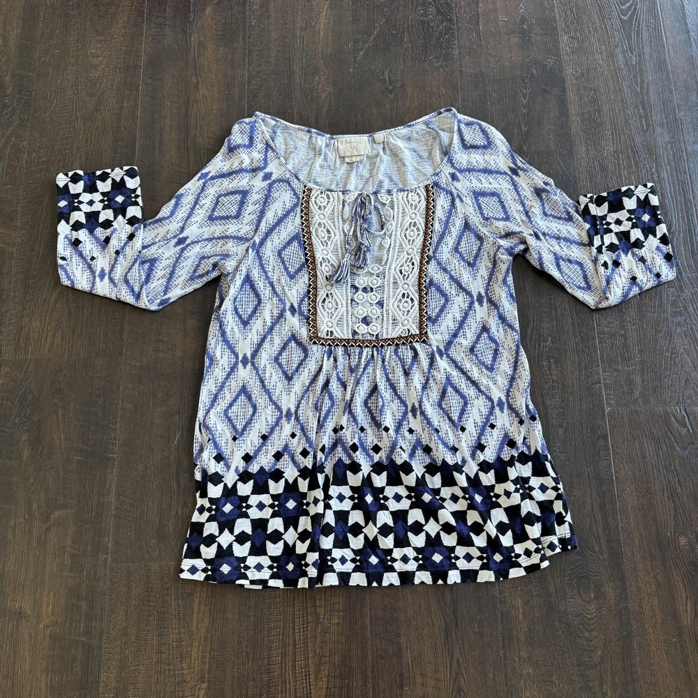 Vanessa Virginia Anthropologie Tunic Shirt Womens Small Boho Crochet Lace Tassel